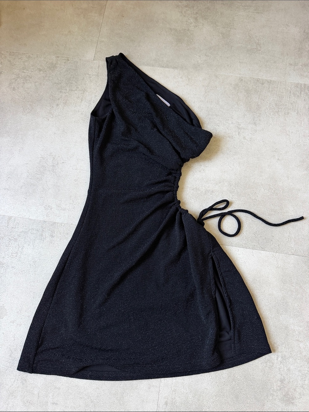 Sleek One-Shoulder Black Ruched Tie Mini Dress